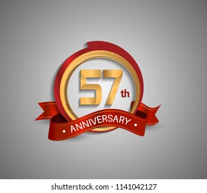 57 anniversary logotype elegant circle golden and red color red ribbon isolated on white background for use company celebration event
