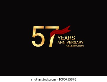 57 anniversary vector design golden colored with red ribbon isolated on black background