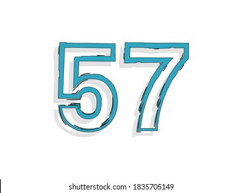 57 blue number, hand drawn brush stroke. Comic style design. For design element, logo, creative poster etc. Vector illustration 
