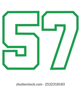 57 Classic Vintage Sport Jersey Uniform numbers in black with a black outside contour line number on white background for American football, Baseball and Basketball or soccer for shirt