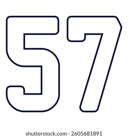 57 Classic Vintage Sport Jersey Uniform numbers in black with a black outside contour line number on white background for American football, Baseball and Basketball or soccer for shirt