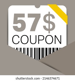 57$ Coupon promotion sale for a website, internet ads, social media gift 57 Dollar off discount voucher. Big sale and super sale coupon discount. Price Tag Mega Coupon discount vector illustration.