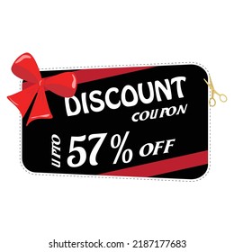 57% discount, a discount on a product or service. Beautiful discount card. 
Beautiful font on a black background with a red bow. Vector