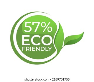 57% Eco friendly circle label sticker Vector illustration with green organic plant leaves. Eco friendly stamp icon. 2d vector illustration. 