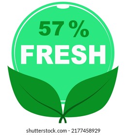 57% fresh fruits vector art illustration sign symbol in green round shape with leaves business stamp isolated on white background