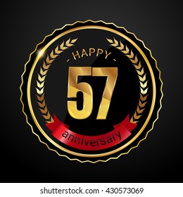 57 golden anniversary logo with red ribbon, low poly design number