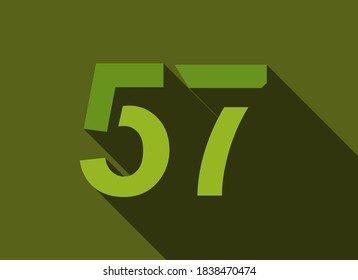 57 Number with long shadow, green colors cutting style. For logo, brand label, design elements, corporate identity, application & more. Vector editable illustration.