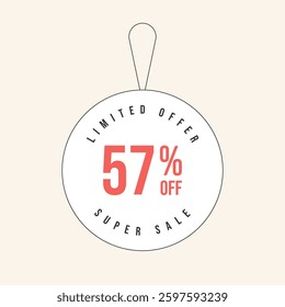 57% OFF flat design of label. Super Sale fifty seven percent off. Sticker illustration limited offer. Vector illustration.