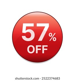57% de descuento en Botón rojo. Cincuenta y siete por ciento de descuento de la venta de compras emblema en rojo. Símbolo de oferta especial. Ilustración vectorial.