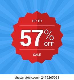 Up to 57% off sale promotion. Fifty seven percent sale tag symbol. Promotion flat vector badge graphic. Red Sticker emblem. Modern design on blue background.