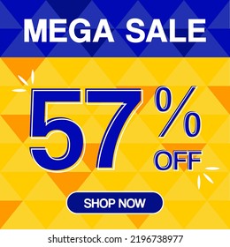 57% percent discoint mega sale tag oranje and blue background shop now
