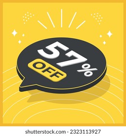57 por ciento de descuento. Globo flotante 3D con promoción de ventas en fondo amarillo