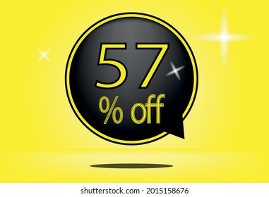 57 percent off black balloon and floating. with yellow background, banner 57% off yellow, shadow