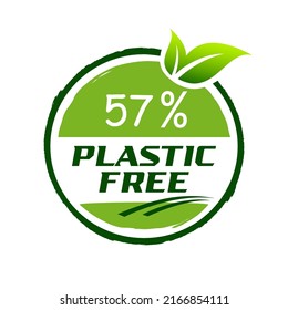 57 % plastikfreie grafische Kennzeichnung oder Aufkleber auf weißem Hintergrund. plastikfrei mit grüner Blattgrafik. fantastische Zeichenvektorgrafik für Kampagne plastikfrei.