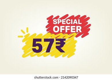 57 Rupee OFF Sale Discount banner shape template. Super Sale 57 Indian rupee Special offer badge end of the season sale coupon bubble icon. Discount offer price tag vector illustration.