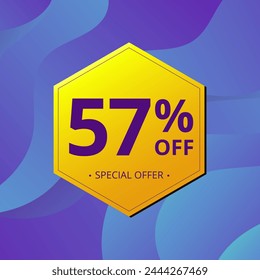 57% Sale and Discount Label. Fifty seven percent Sale Discount label Geometric design. Abstract Blue and Yellow Hexagon. Vector illustration.