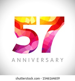 57 th anniversary numbers. 57 years old yellow colored logotype. Age congrats, congratulation idea. Isolated abstract graphic design template. Creative 5, 7 3D digits. Up to 57% percent off discount.