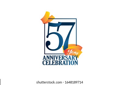 57 Year Anniversary Blue Color with Block Frame and Orange-Yellow Ribbon for ads, greeting card, banner - Vector