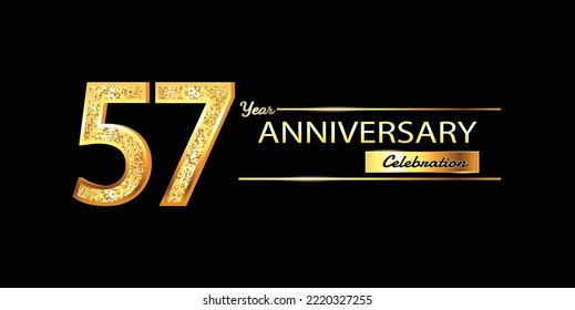 57 Year Anniversary celebration Vector Design. 57th Anniversary celebration. Gold Luxury Banner of 57th Anniversary celebration with glitter 3D. Vector anniversary