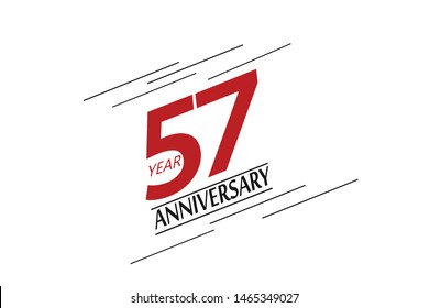 57 year anniversary, minimalist logo, greeting card. Birthday invitation. 57 year sign. Red space vector illustration on white background - Vector
