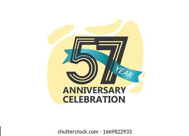 57 year anniversary, minimalist logo. jubilee, greeting card. Birthday invitation. year sign. Blue Ribbon space vector illustration on white background - Vector