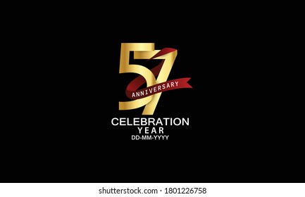 57 year anniversary red ribbon celebration logotype. anniversary logo with Red text and Spark light gold color isolated on black background, design for celebration, invitation - vector