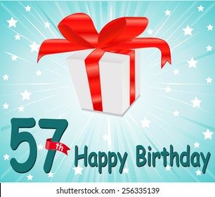 57 year Happy Birthday Card with gift and colorful background in vector EPS10
