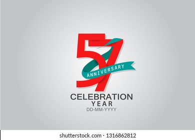 57 years anniversary blue ribbon celebration logotype. anniversary logo with Red text and Spark light white color isolated on black background, vector design for celebration, invitation vector