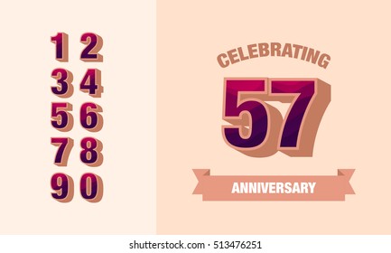 57 Years Anniversary Card or Banner Design using Retro Style, Vector Illustration  with Set of Numbers