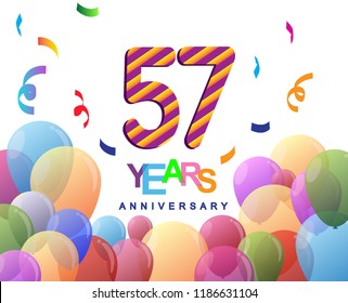 57 years anniversary celebration with colorful balloons and confetti, colorful design for greeting card birthday celebration