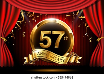 57 years anniversary celebration. with gold ribbon. Curtain background and light shine.