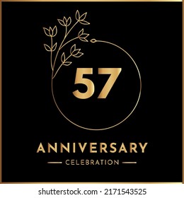 57 years anniversary celebration with golden floral frame isolated on black background. Creative design for happy birthday, wedding, ceremony, event party, marriage, and greeting card.