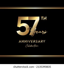 57 years anniversary celebration. Anniversary logo with golden color isolated on black background, vector design for celebration, invitation card, greeting card, and banner