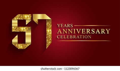 57 years anniversary celebration logotype style gift paper. Logo ribbon golden number on red background.