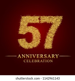 57 years anniversary celebration logotype. Logo gold pile of dry rice on red background. Number nest and fuzz gold foil.