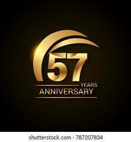 57 Years Anniversary Celebration Logotype. Golden Elegant Vector Illustration  with Gold Swoosh,  Isolated on Black Background can be use for Celebration, Invitation, and Greeting card