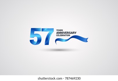 57 Years Anniversary celebration logotype colored with shiny blue, using ribbon and isolated on white background