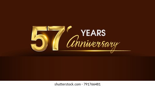 57 years anniversary celebration logotype. anniversary logo with golden color and gold confetti isolated on dark background, vector design for celebration, invitation card, and greeting card