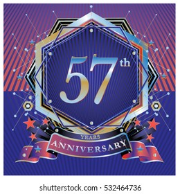 57 years anniversary colorful logo celebration with ring and ribbon. Symbol and template for greeting card