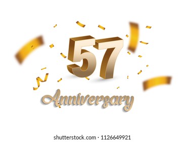 57 years Anniversary with golden 3d number and blur confetti isolated on white background