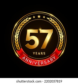 57 years anniversary, golden anniversary celebration logotype with red ribbon isolated on black background, vector illustration