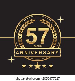 57 years anniversary golden color with circle ring and stars isolated on black background for anniversary celebration event luxury gold premium vector