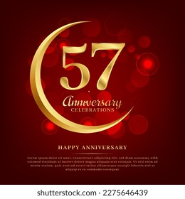 57 years anniversary with golden moon and red shiny background added with text for congratulations words
