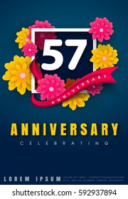 57 years anniversary invitation card - celebration template design , 57th anniversary with flowers and modern design elements, dark blue background - vector illustration