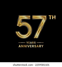 57 years anniversary logo design with golden numbers and text for anniversary celebration event, invitation, wedding, marriage, greeting card, banner, poster, flyer, brochure. Logo Vector Template