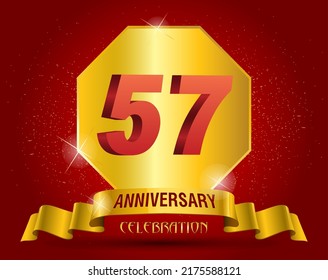 57 years anniversary logo template. Red numbers with golden ribbon.