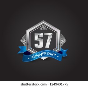 57 years anniversary logotype design with blue ribbon, silver hexagon, and ornament isolated on dark background. Vector template for celebration company event, greeting card, and invitation card