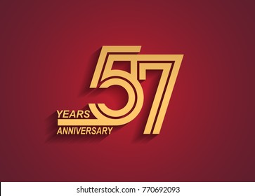 57 years anniversary logotype with linked number golden color isolated on red background for celebration event