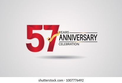57 years anniversary logotype with red color and golden ribbon isolated on white background for celebration event