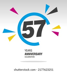 57 Years Anniversary, Number In Broken Circle With Colorful Bang Of Confetti, Logo, Icon, White Background